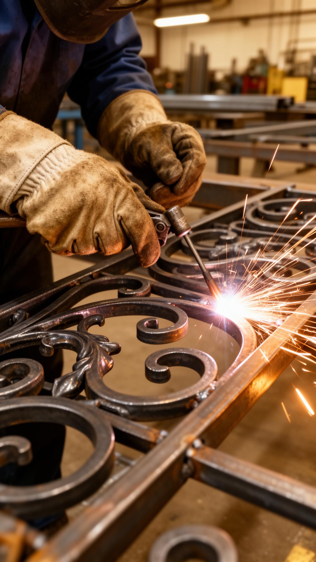 Master welder hand-fabricating ornate wrought iron scrollwork at the Frankie D's Naples shop
